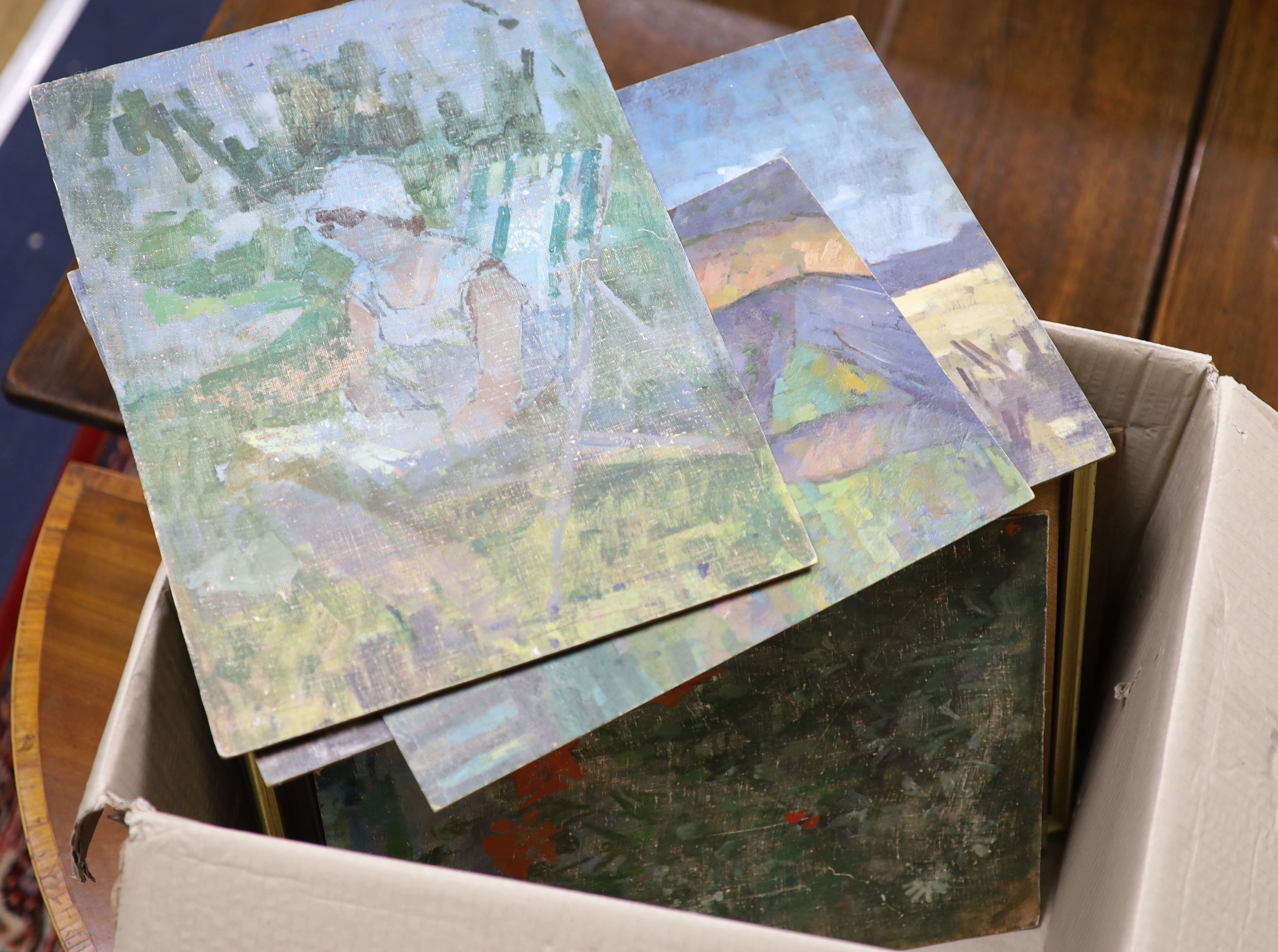 Michael Cadman (1920-2010), fourteen assorted oils on board, mostly landscapes, largest 30 x 46cm, mostly unframed and many unsigned, together with a sketch book